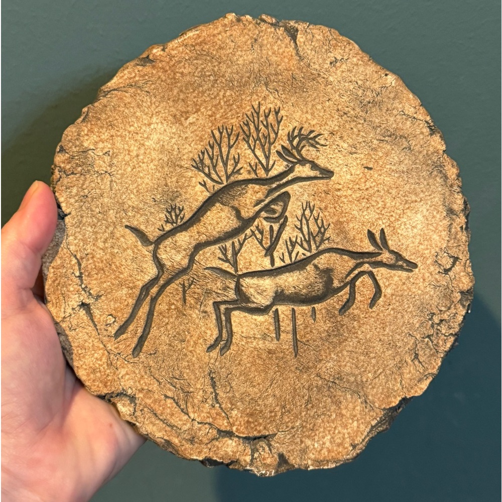 Vintage Stan Langtwait Clay Plaque Deer Wall Decor - Doe and Buck Jumping